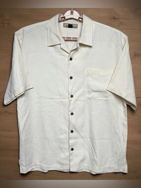 Tommy Bahama Camp Shirt Men Sz L 100% Silk Short Sleeve Cream Minimalist Beach